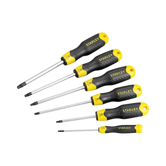 STANLEY STHT2-65156 screwdriver set with black and yellow handles, flat lay product photo.