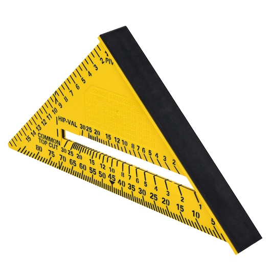 STANLEY STHT46012-0 yellow and black plastic rafter square with measurement markings, top angle, white background.