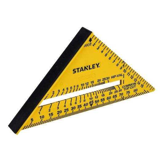 Photo of STANLEY STHT46012-0 yellow plastic try square with black markings, shown at an angle on white background.