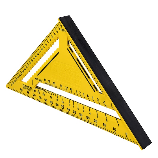 Photo of STANLEY STHT46013-0 yellow plastic rafter square with black edge, angled view on white background.