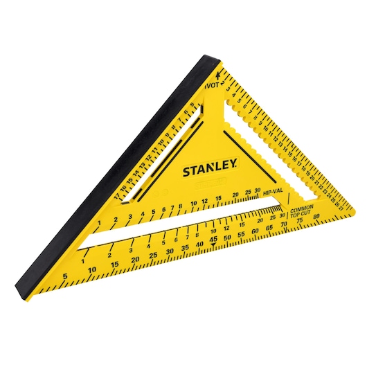 STANLEY STHT46013-0 yellow plastic rafter square with black markings, side view on white background.