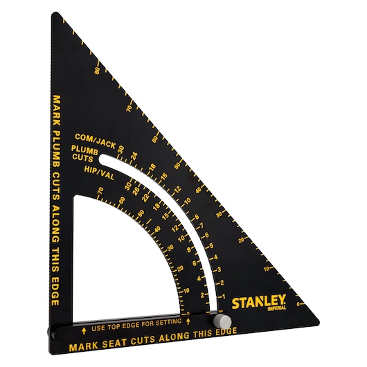 STANLEY STHT46055-0 black rafter square with yellow markings, photography of product at angle on white background.