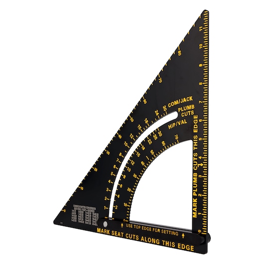STANLEY STHT46055-0 black and yellow aluminum rafter square with measurement markings, angled view on white background.