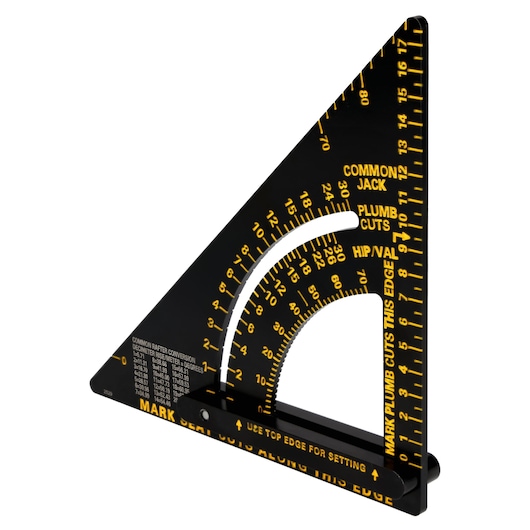 STANLEY STHT46056-0 photography of black and yellow rafter square with angle markings, side view on white background.