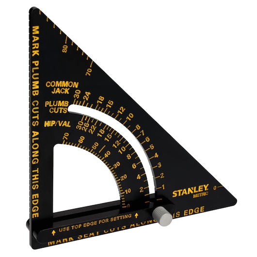 STANLEY STHT46056-0 black metric rafter square with yellow markings, side angle, for carpentry measurements.