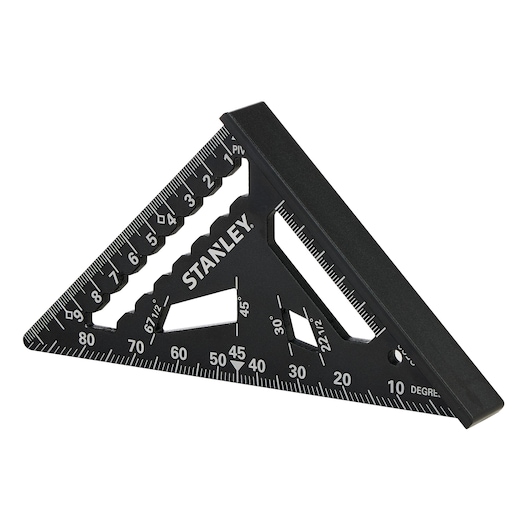 STANLEY STHT46100-0 black triangular rafter square with measurement markings, front angle on white background.
