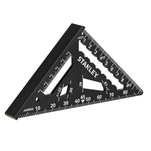 STANLEY STHT46100-0 black triangular rafter square with white measurement markings, front angle, on white background.