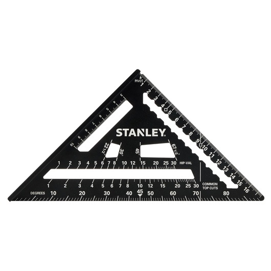 STANLEY STHT46101-0 black metal rafter square with white markings, triangle shape, top view, photography product.