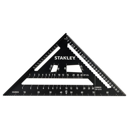 STANLEY STHT46102-0 photography of black triangular rafter square with white measurement markings, front angle.