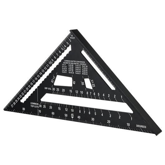 STANLEY STHT46102-0 black plastic rafter square, top angle, marked with metric and degree scales.