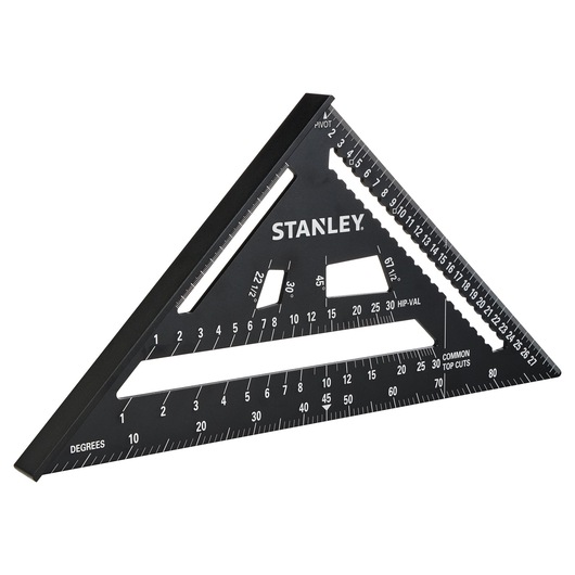 STANLEY STHT46102-0 black triangular carpenter's square, side angle, with white measurement markings.
