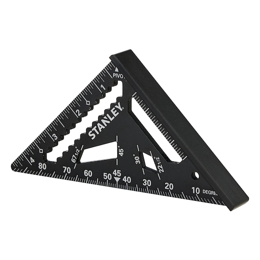 STANLEY STHT46103-0 black rafter square with white measurement markings, angled on white background.