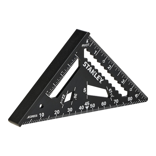 STANLEY STHT46103-0 photography of black triangular measuring square tool, side angle, white background.