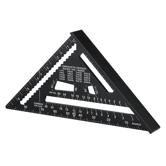 STANLEY STHT46104-0 black aluminum rafter square with printed measurement markings, angled on white background.