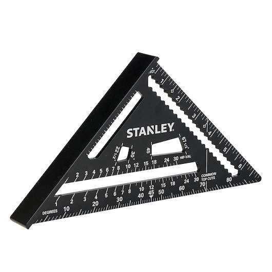 STANLEY STHT46104-0 black plastic rafter square with white measurement markings, angled on white background.