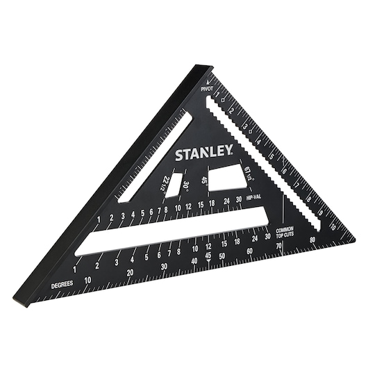 STANLEY STHT46105-0 black triangular rafter square with measurement markings, side angle, hand tool.