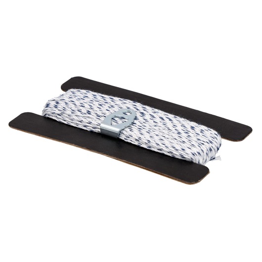 STANLEY STHT47313-0 braided white and blue chalk line on black card, angled view.
