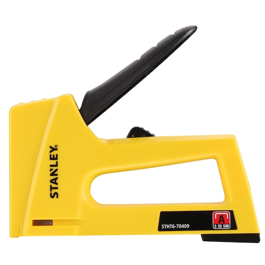 Photo of STANLEY STHT6-70409 yellow hand stapler, side angle, with black handle and clear branding on body.