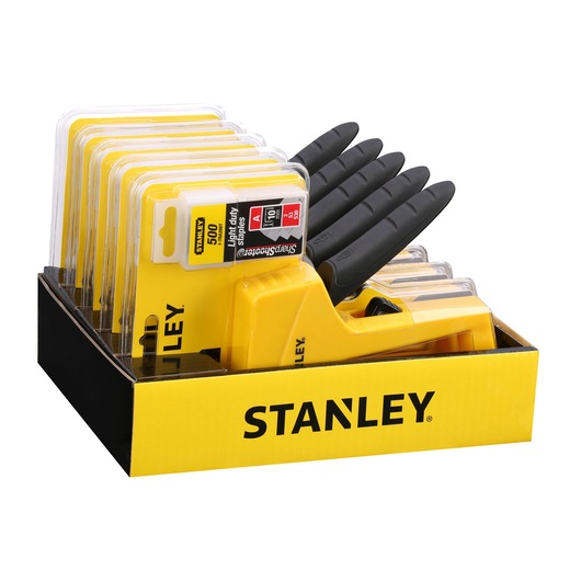 Photo of STANLEY STHT6-70409 yellow stapler set with black handles in branded display box, front angle.