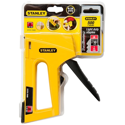 Photo of STANLEY STHT6-70409 light duty staple gun in yellow packaging, shown from front angle.