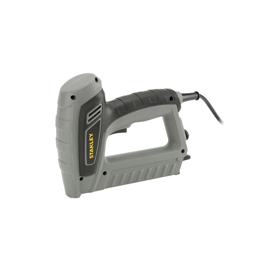 Stanley grey electric stapler with ergonomic grip and cord, shown on white background.