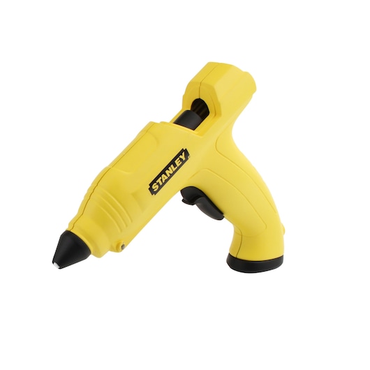 STANLEY STHT6-70416 yellow glue gun side angle photography on white background