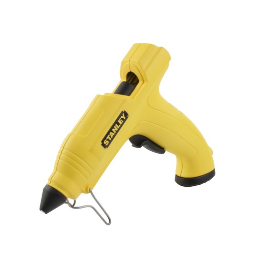 Stanley STHT6-70416 yellow glue gun, side angle, photography on white background.