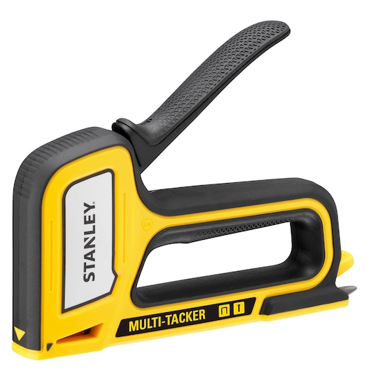 STANLEY STHT70440-0 yellow and black multi-tacker stapler side angle on white background.