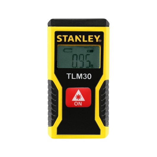 STANLEY STHT9-77425 laser distance measurer, TLM30 model, yellow and black front view, digital display, ON button.