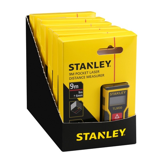 STANLEY STHT9-77425 yellow 9m pocket laser distance measurer retail box display, front angle.