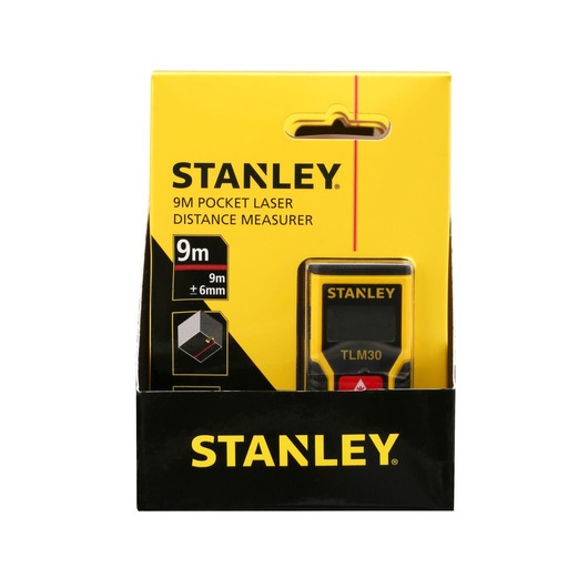 Photo of STANLEY STHT9-77425 9m pocket laser distance measurer in retail packaging, front view.