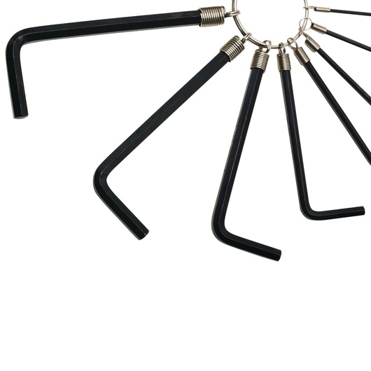 STANLEY STMT69213-8 hex key set with black L-shaped wrenches on metal ring, top view, white background.