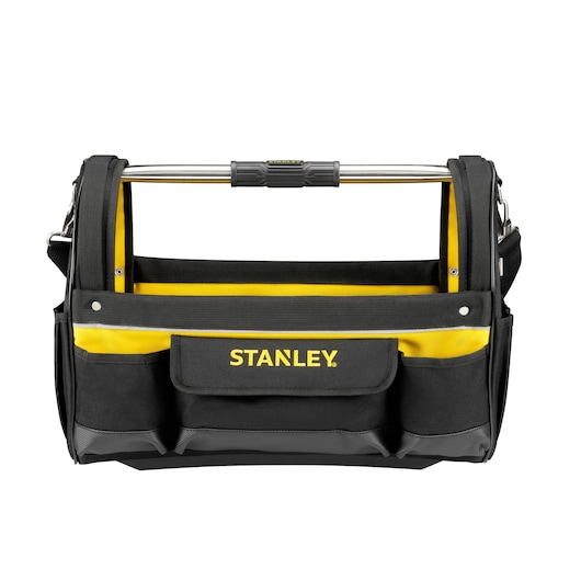 Photo of STANLEY STST1-70712 open tool bag, black and yellow fabric, front view on white background.