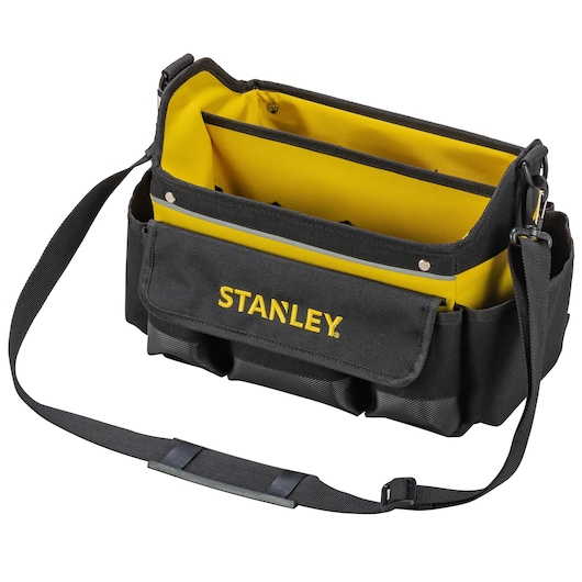 STANLEY STST1-70718 tool bag with shoulder strap, black and yellow fabric, multiple compartments, angled view.