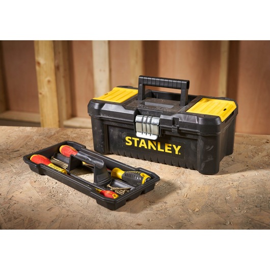 STANLEY STST1-75515 tool box with yellow lids and tray with screwdrivers, studio angle.